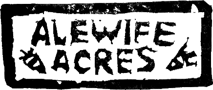 Carved ink stamp, reads alewife acres with some approximate carrots in the gaps.